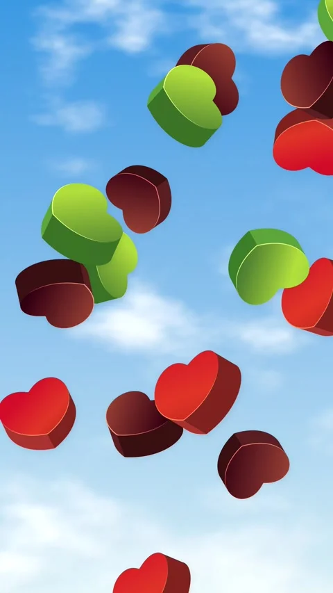 Colorful 3D Hearts Falling Through a Bright Blue Sky with Clouds Stock Footage 344936104