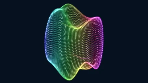 Colorful 3D particle wave sphere with glowing neon dots on dark background Stock Footage 334139702