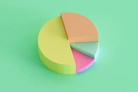 Colorful 3D Pie Chart with Five Segments on Green Background Stock Illustration