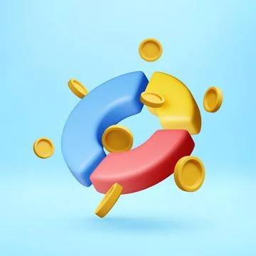 Colorful 3D pie chart with floating coins. Stock Illustration
