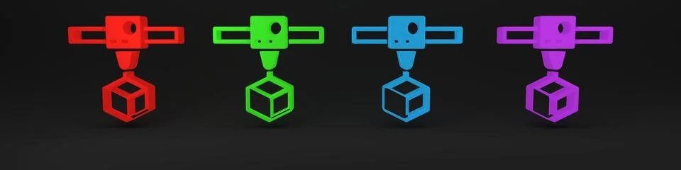 Colorful 3D printer cube icon isolated on black background. 3d printing. Mi.. 스톡 일러스트
