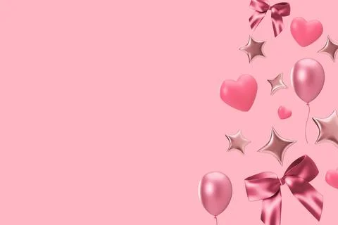 Colorful 3D render showcases various balloons, hearts, and shiny stars agains Stock Photos