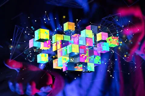 Colorful 3d rendered cubes floating above the hand. Big data cloud concept. イラスト素材
