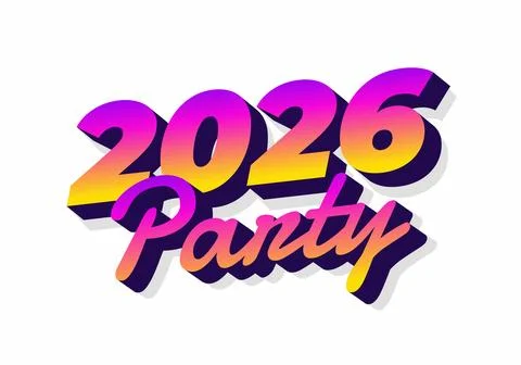 Colorful 3D text design featuring the year 2026 and the word party, with gr.. Stock Illustration
