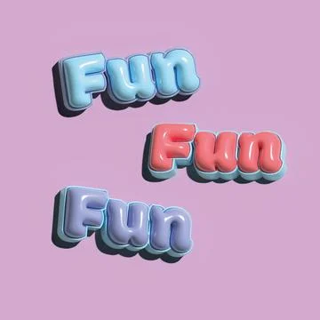 Colorful 3D text spelling fun in vibrant shades against a soft purple background Stock Illustration