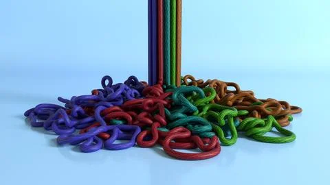 Colorful 3D twisted ropes piled randomly on flat surface Stock Illustration
