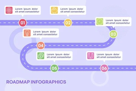 Colorful 6-Step Zigzag Roadmap Infographic with Icons Stock Illustration