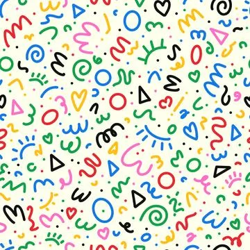 Colorful 90s seamless pattern. Squiggle kid background, doodle minimalistic Stock Illustration