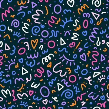 Colorful 90s seamless pattern. Squiggle kid background, doodle minimalistic w Stock Illustration