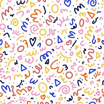 Colorful 90s seamless pattern. Squiggle kid background, doodle minimalistic w Stock Illustration