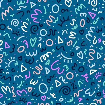 Colorful 90s seamless pattern. Squiggle kid background, doodle minimalistic Stock Illustration