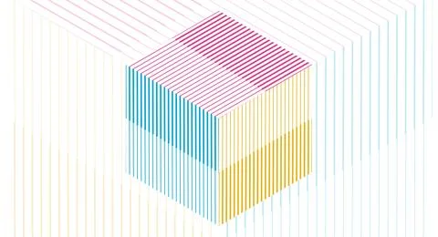 Colorful abstract 3d cube with minimal lines, geometric tech background Stock Illustration