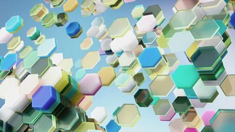 Colorful abstract 3D hexagons floating in futuristic digital space Stock Illustration