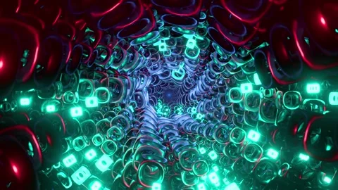 Colorful abstract 3D render loop moving through a dynamic metallic chain tunnel. 库存影片 337184906