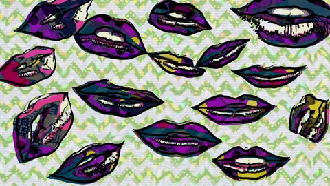 Colorful Abstract Art Featuring  Lips and Zigzag Patterns on Canvas Stock Footage 312289628