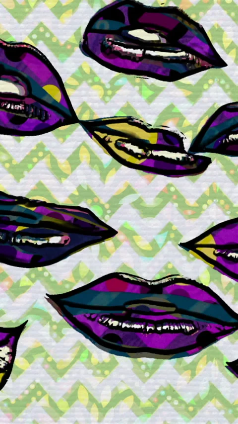 Colorful Abstract Art Featuring  Lips and Zigzag Patterns on Canvas vertica.. Stock Footage 319699319