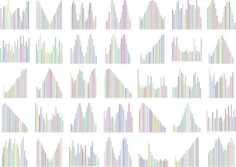 Colorful abstract bar graph patterns arranged in a grid showcasing various .. イラスト素材