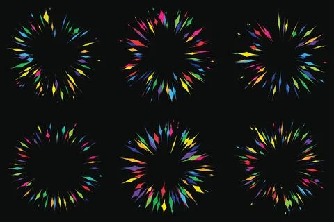 Colorful abstract burst shapes with sharp edges in various designs isolated.. Ilustração Stock