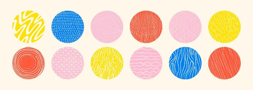 Colorful abstract circle shapes with loop, drops, spots, curves, lines and .. Stock Illustration