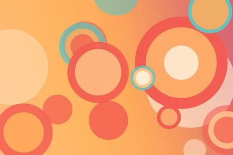 Colorful abstract circles float across a warm peach and coral background, c.. Stock-Illustration