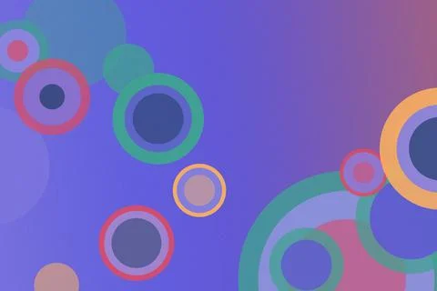Colorful abstract circular shapes float over a purple background, creating .. Ilustração Stock