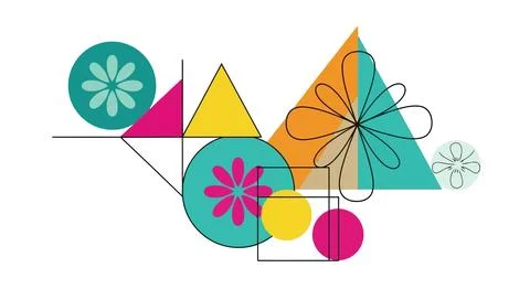 A colorful abstract composition of geometric shapes and flowers Stock Illustration
