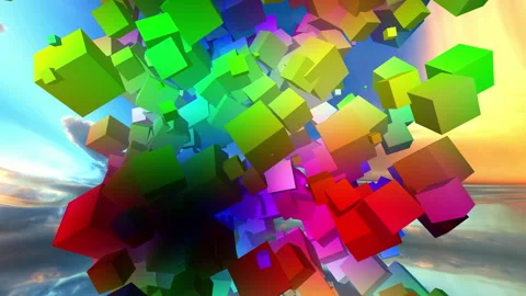 Colorful abstract cubes floating in a psychedelic sky Stock Footage 340494719