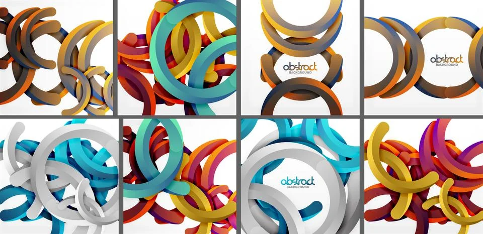 Colorful abstract designs featuring interconnected circles, loops, shapes. Ilustração Stock