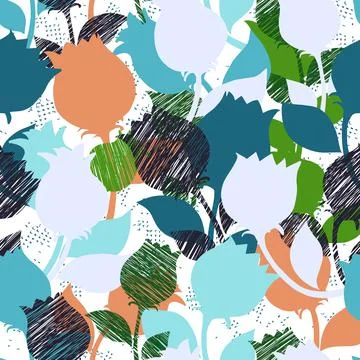 Colorful abstract floral vector silhouette seamless pattern Stock Illustration