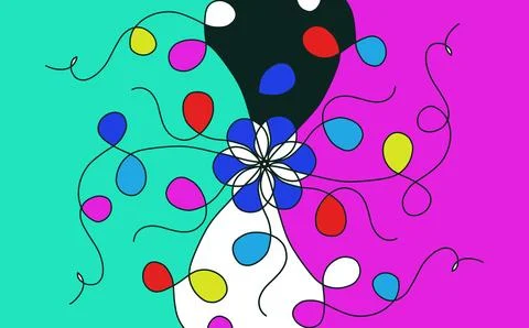 Colorful Abstract Flow Graphic with Central Blue Flower Motif and Swirli Stock Illustration