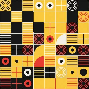 Colorful abstract geometric pattern with concentric circles and shapes on y.. Stock Illustration