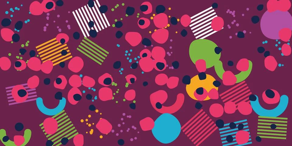 Colorful abstract geometric pattern with vibrant dots, stripes, and shapes .. Stock Illustration