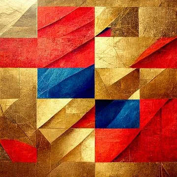Colorful abstract geometric squares with pattern and gold, red and blue lines Stock Illustration