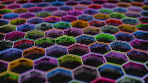 Colorful Abstract Hexagonal Pattern with Neon Light Reflections.. Stock Illustration