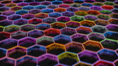 Colorful Abstract Hexagonal Pattern with Neon Light Reflections.. Stock Illustration