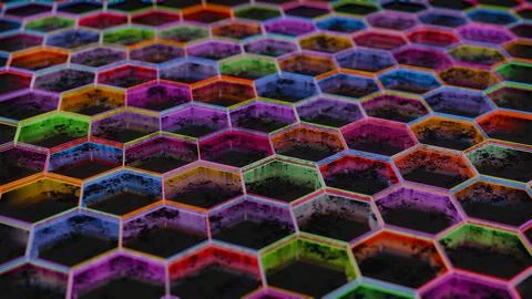 Colorful Abstract Hexagonal Pattern with Neon Light Reflections.. Stock Illustration