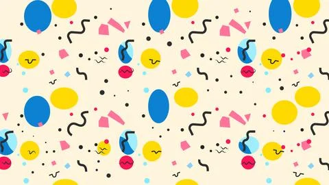 Colorful abstract memphis pattern with circles ovals wavy lines, surface desi Stock Illustration