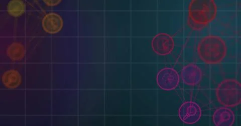 Colorful abstract network of interconnected nodes on digital grid background Stock Photos