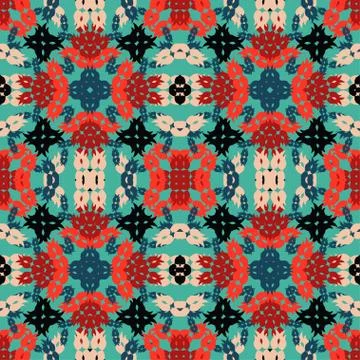 Colorful abstract objects on blue background seamless vector pattern Stock Illustration