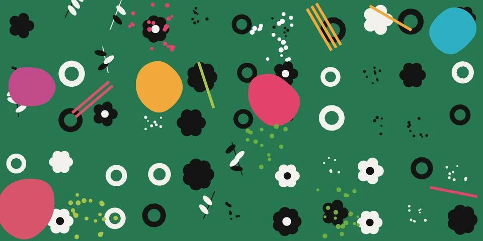 Colorful abstract pattern with dots, circles, and splatters on vibrant gree.. Stock Illustration