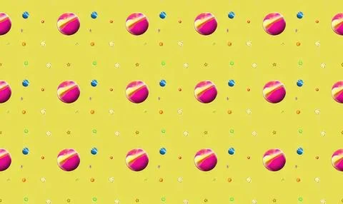 Colorful abstract pattern with pink, blue, yellow circles on yellow backgroun Stock Illustration