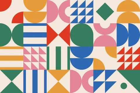 Colorful abstract pattern of various shapes circles, squares, triangles, and Illustrazione stock
