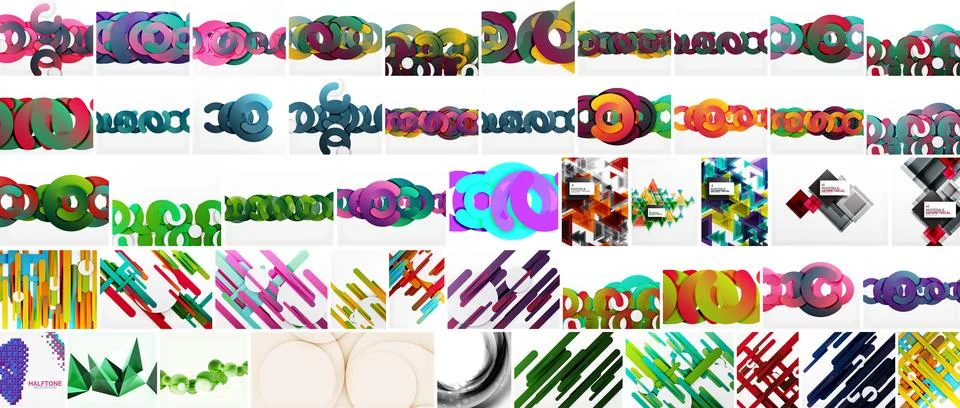 Colorful abstract patterns displayed horizontally. Diverse shapes, lines, 库存插图
