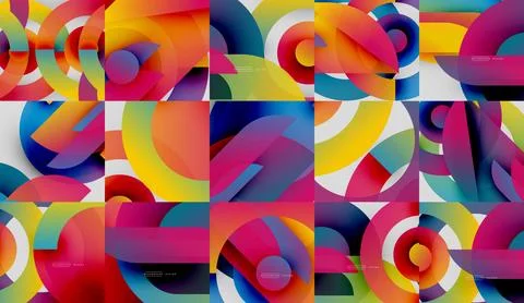 Colorful abstract patterns, overlapping circles create vibrant gradients. Modern Stock Illustration