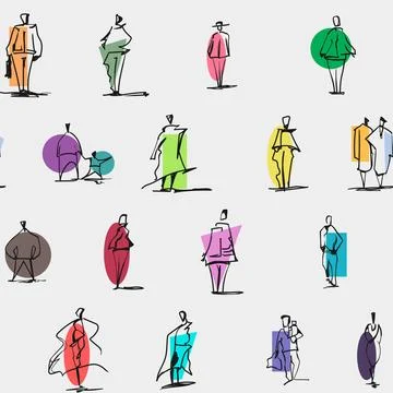 Colorful Abstract People Sketch Pattern with Color Spots 스톡 일러스트