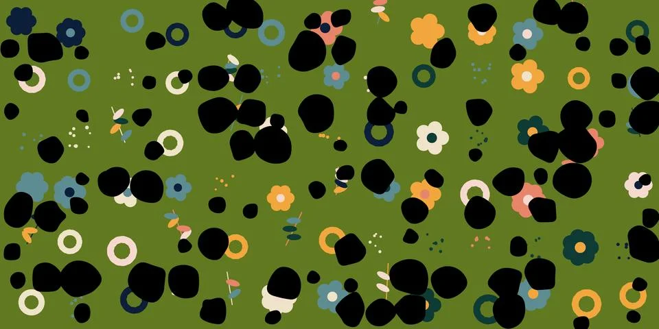 Colorful abstract polka dot pattern on vibrant green background with flower.. 스톡 일러스트