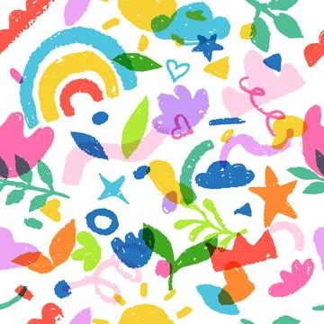 Colorful abstract seamless pattern with chalk, crayon pencil hand drawn scrib Stock Illustration