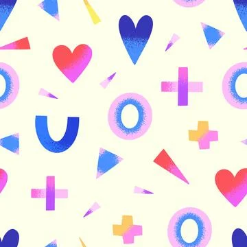 Colorful abstract seamless pattern with various geometric shapes and hearts o Stock Illustration