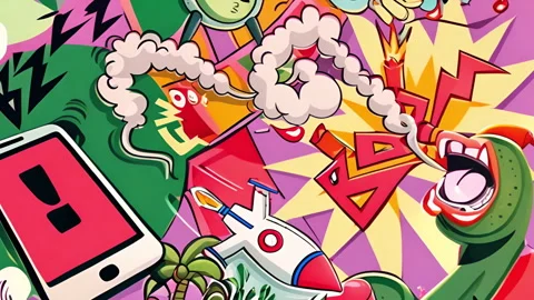 Colorful abstract shapes and objects animation with rocket, smartphone, and Stock Footage 308771870