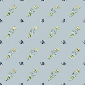 Colorful alien pattern design with whimsical elements in a seamless waterco.. Stock Illustration